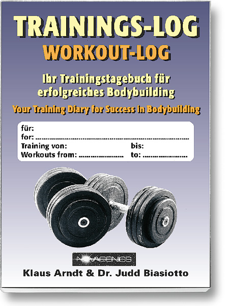 Bodybuilding Buch Cover – Trainingslog: Das Trainingstagebuch für erfolgreiches Bodybuilding. Autoren: Arndt und Biasiotto, erschienen im Novagenics-Verlag.